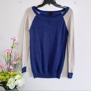t/o sweaters Women's Blue Cream Long Sleeve Elbow Patch Crew Neck Sweater
